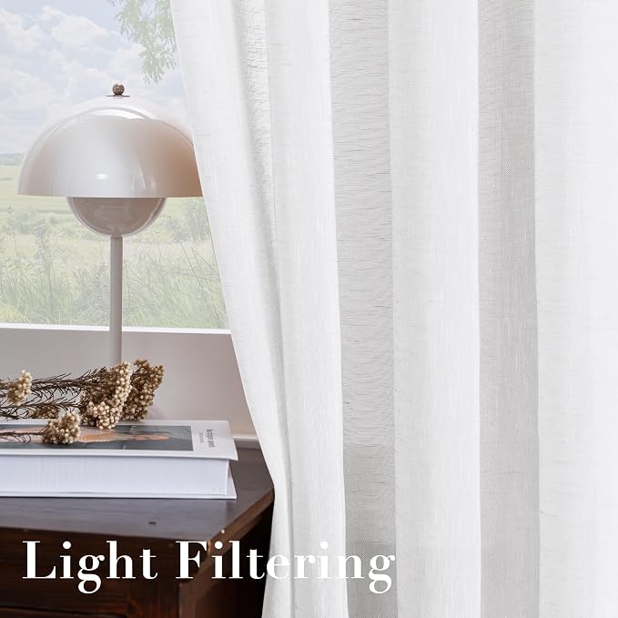 H.VERSAILTEX White Natural Linen Curtain Panels Energy Efficient Semi - Image 5