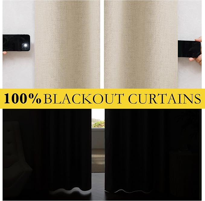 NICETOWN Cream 100% Blackout Linen Curtains 95 inch Long Burg - Image 3