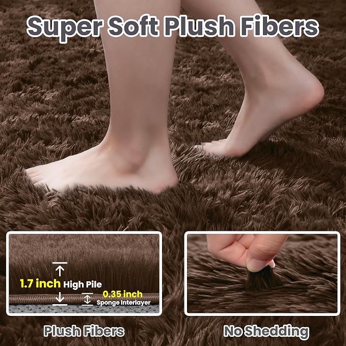 8x10 Fluffy Shag Area Rugs for Living Room Bedroom: Soft Plush Carpet Brown | - Image 5