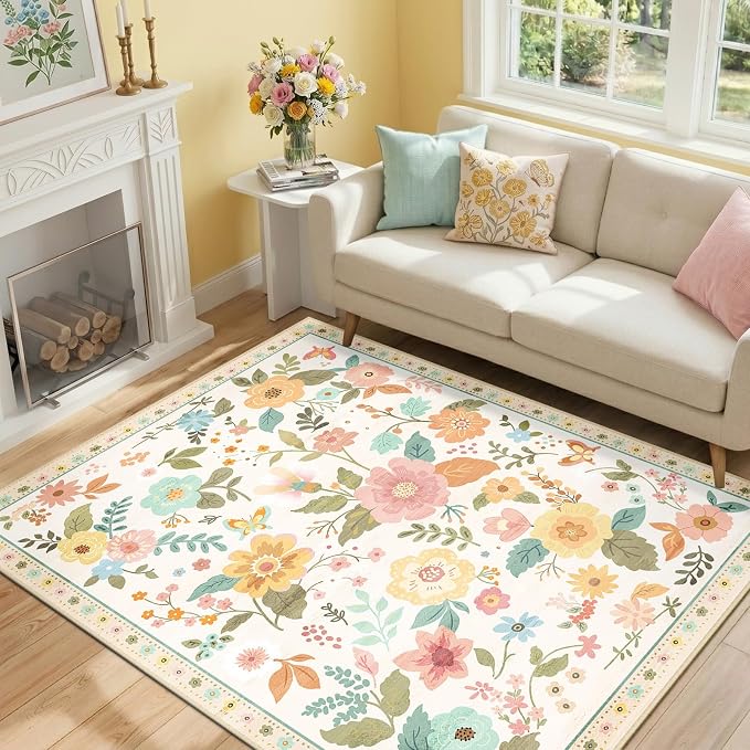 RELEANY Floral Washable 4x6 Area Rugs Beige/White/Orange | Flower Carpet Print - Image 6