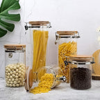 Set of 5 Borosilicate Glass Sugar Packet Holder Food Storage Jar Containers with Airtight Bamboo Clamp Lid, Airtight Canisters for Kitchen Bathroom and Pantry Organization, Cookie Jars for Flour