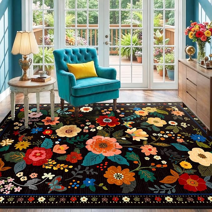 RELEANY Floral Washable 3x5 Area Rugs Black | Flower Carpet Print Boho Cute Non - Image 2