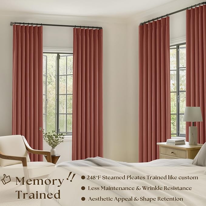 Terracotta Pinch Pleated Blackout Linen 80 Inch Window Curtains 2 Panels | 100% - Image 2