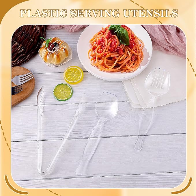 72Pcs Serving Utensils 9'' Large Plastic Serving Utensils Set Serving Spoons for Buffet Clear Disposable Plastic Tongs Heavy Duty Slotted Spoons/Forks Supplies for Party Food Salad Noodles Soup