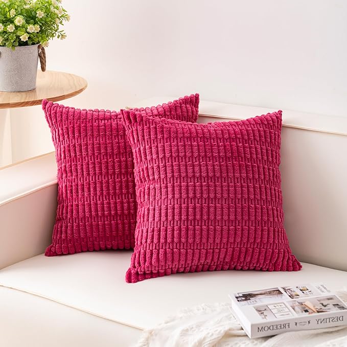 Pack of 2 Corduroy Decorative Throw Pillow Covers 16x16 Inch, Rose Red | Fall by Unknown