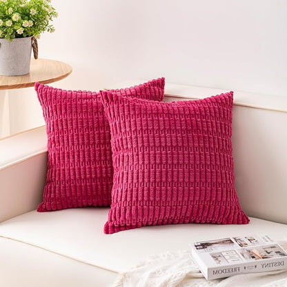 Pack of 2 Corduroy Decorative Throw Pillow Covers 16x16 Inch, Rose Red | Fall by Unknown