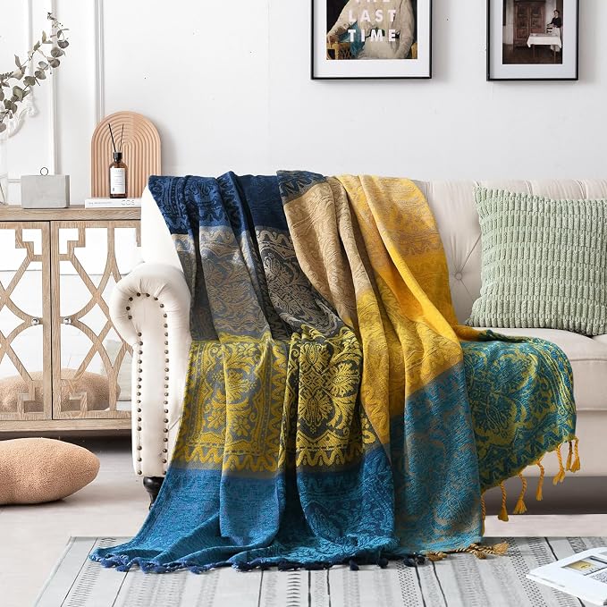 Bohemian Throw Blanket for Couch，Colorful Chenille Tassels Boho Woven Hippie by Unknown