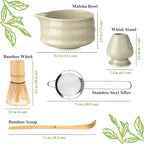 Marce Matcha Whisk Set- Matcha Set includes Matcha Whisk and Bowl (Bowl with Spout), Sifter, Holder and Scoop- The Perfect Bamboo Whisk for Matcha Tea (Molted Green)