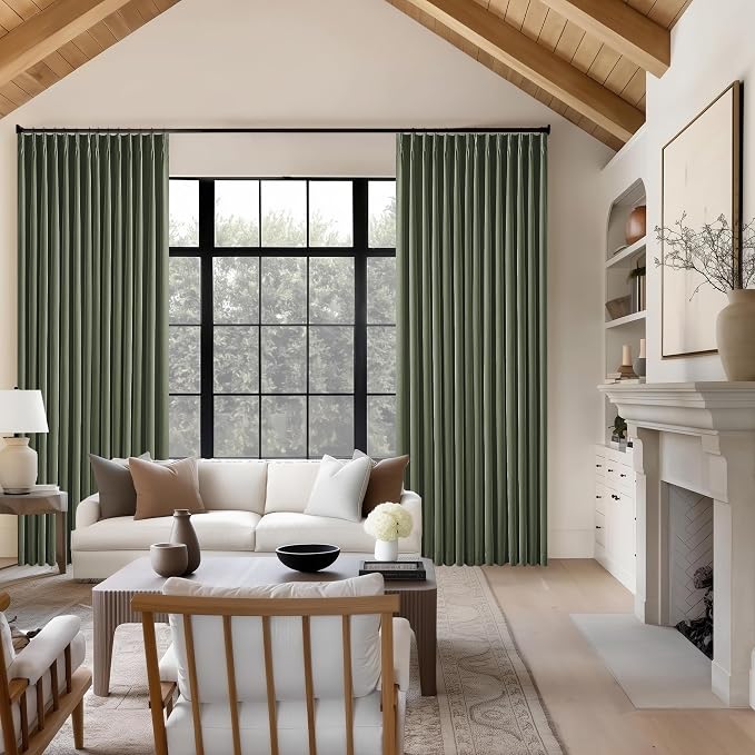 Olive Green Pleated Linen Blackout 102 Inch Curtains - Image 8