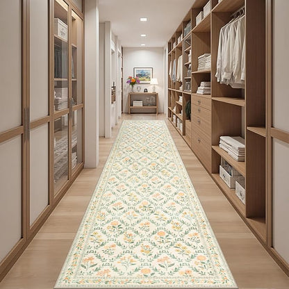 PLHXFR 2.6x14 Washable Runner Rug：Floral Indoor Kitchen Carpet Beige Multi | - Image 5