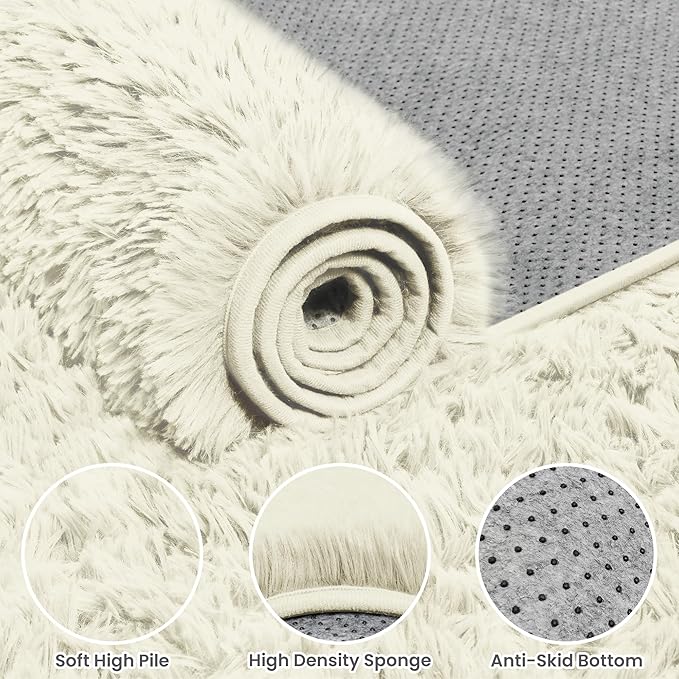 8x10 Fluffy Shag Area Rugs for Living Room Bedroom: Soft Carpet Cream White | - Image 6
