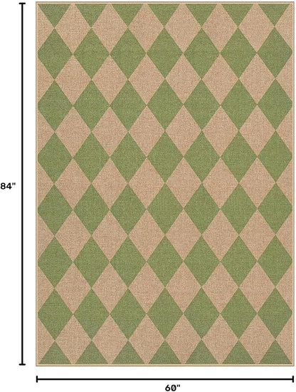 Lahome Checkered Easy Jute 5x7 Area Rug, Outdoor Patio Rugs Washable Green | - Image 2