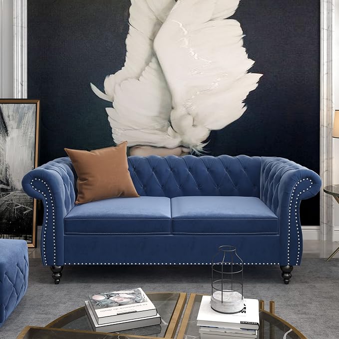 ORRD 2 Pieces Living Room Set, Velvet Couch Chesterfield Sofa Loveseat - Image 5
