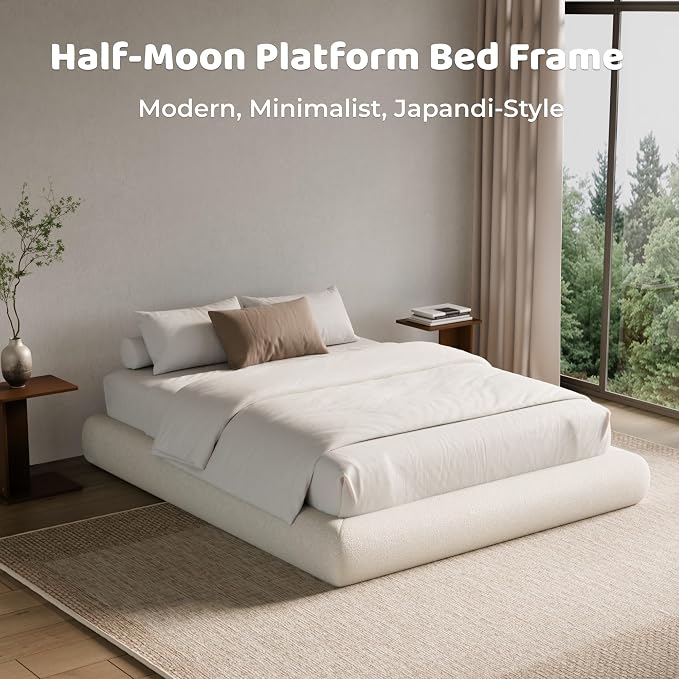 RECCI AirFrame Half-Moon Upholstered Full Platform Bed Frame, Boucle Curved - Image 6