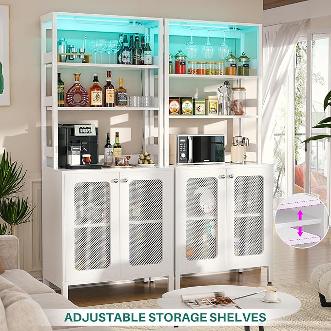 Aheaplus Bar Cabinet with Power Outlets, 67" Tall Wine Bar Cabinet Liquor Cabinet with LED Lights and Glass Holder, Coffee Bar Station for Living Room, Microwave Stand Bakers Rack Cabinet, White