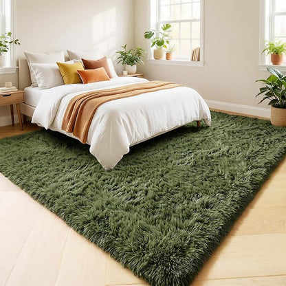 Amdrebio Olive Green Shaggy Area Rug 5x7 - Image 3