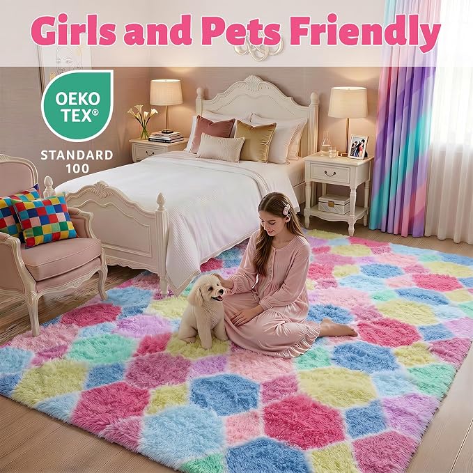 Checkered 6x9 Area Rugs for Living Room, Fluffy Pink Rainbow Girls Rug | Soft - Image 7