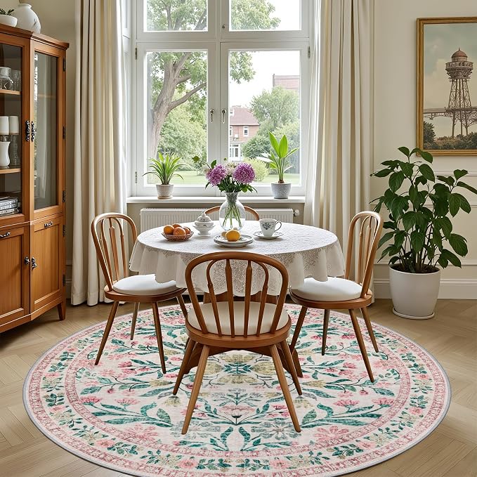 PLHXFR Round Area Rug Living Room: 6 ft Floral Washable Carpet Pink Green | - Image 4