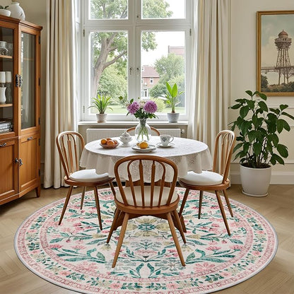 PLHXFR Round Area Rug Living Room: 6 ft Floral Washable Carpet Pink Green | - Image 4
