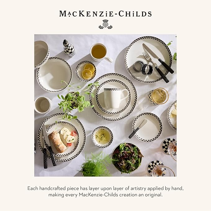 MACKENZIE-CHILDS Set of 4 Everyday Small Plates, Microwave-Safe and Dishwasher-Safe Stoneware Salad Plates, Black-and-White Courtly Check
