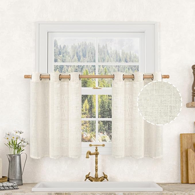 30 Inch Cafe Linen Curtains for Small Window, Cream Ivory Semi Sheer Light by LAMIT