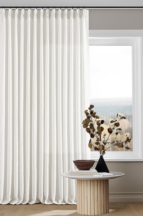 Beige White Pinch Pleated Linen Curtains 126 Inches Long 2 Panels | 400GSM by Twodrapes