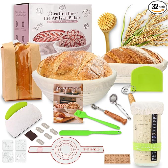 Sourdough Starter Kit,9 Inch Round & 10 Inch Oval Banneton Bread Proofing Basket with Dough Whisk Bread Lame Dough Scraper Bowl Scraper Silicone Brush Sourdough Bread Baking Supplies