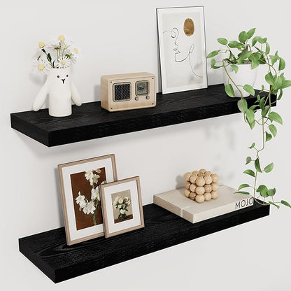 Fun Memories Deep Black Floating Shelf, 22.5" W x 6.5" D Rustic Wood Wall Shelf by FunMemories