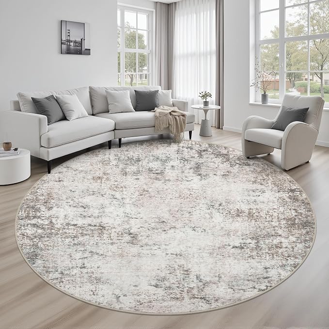 Round Area Rug Living Room: 8 ft Modern Washable Carpet Brown | by FXRHLP