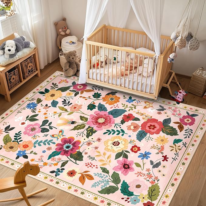 RELEANY Floral Washable 5x8 Area Rugs Pink | Flower Carpet Print Boho Cute Non - Image 3