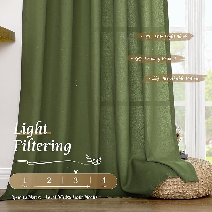 Olive Green Semi Sheer Linen Curtains 72 Inch Length - Image 4