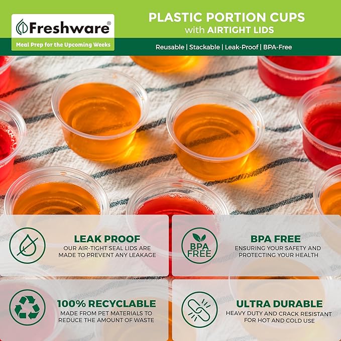 Freshware Plastic Portion Cups with Lids [3.25 Ounce, 200 Sets] Disposable Plastic Cups for Meal Prep, Salad Dressing, Jellos Shot Cups, Souffle Cups, Condiment and Dipping Sauce Cups