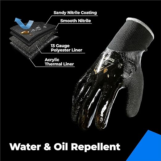 Waterproof Gloves for Men and Women, Freezer Gloves with Grip, Double Nitrile Dipped for Extreme Oil Repellent, for Construction, Mechanics, Mining, Plumbing, Black, Small
