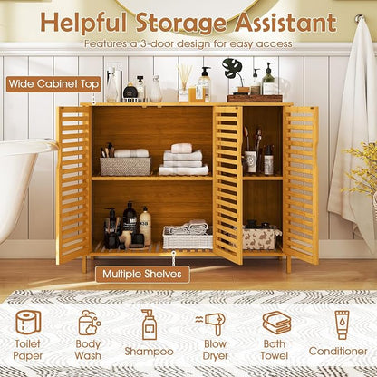 Giantex Bamboo Bathroom Storage Cabinet, 3-Door Storage Organizer - Image 4