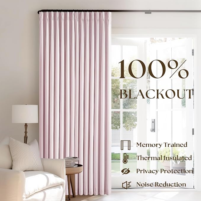 Light Pink Pinch Pleated Blackout Linen 80 Inch Window Curtains 2 Panels | 100% - Image 3