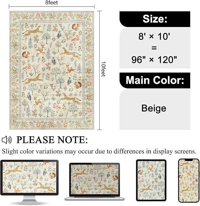 DUKINO 8x10 Area Rugs, Washable Soft Animal Bedroom Rug Non Slip, Low Pile - Image 2