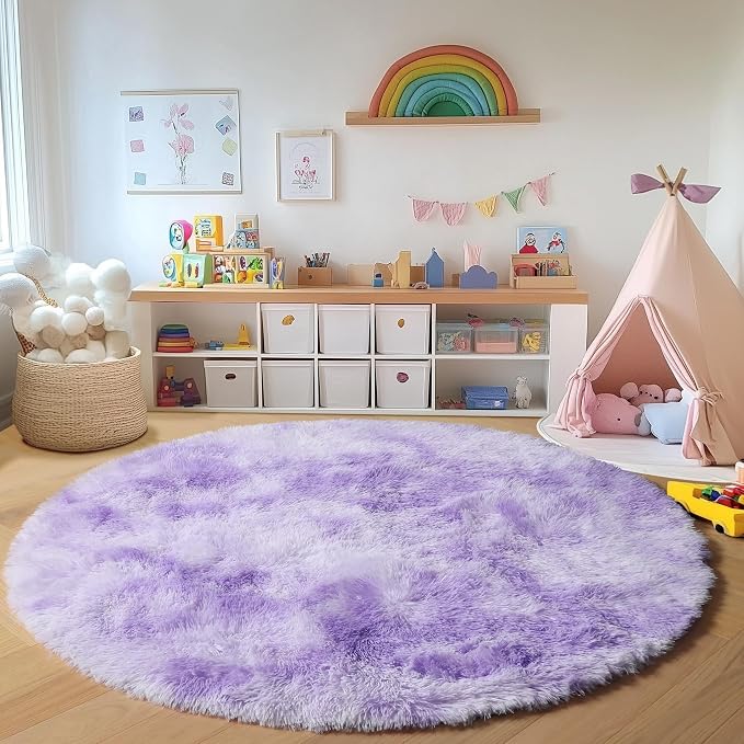 Round Rugs 5ft for Bedroom Living Room, Tie-Dyed Purple Fluffy Circle Area Rug - Image 4