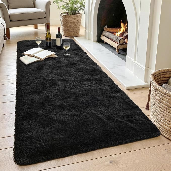 Noahas 2x10 Black Fluffy Soft Runner Rug Non-Slip - Image 4