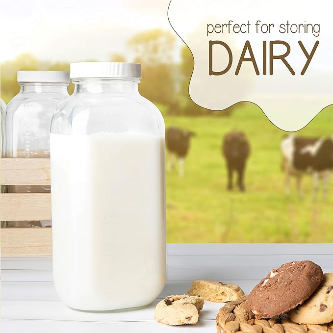 kitchentoolz 32oz Square Glass Milk Bottle with Plastic Airtight Lids Vintage Reusable Quart Sized Dairy Drinking Containers for Milk, Yogurt, Smoothies, Kefir, Kombucha, and Water- Pack of 2