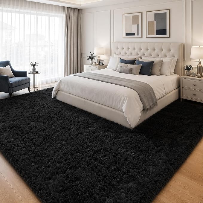 PLHXFR 9x12 Area Rugs Living Room: Fluffy Bedroom Rug Shag Carpet Black | - Image 3