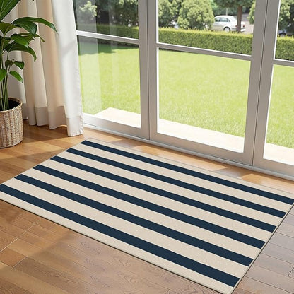 Front Door Mat Indoor Entrance, 2x4.3 Ft Blue and White Striped Rug | Washable by Othilic