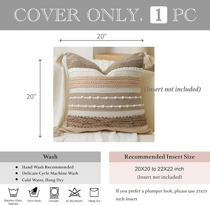 Brown Decorative Throw Pillow Cover 20x20 Square Boho Accent Pillowcase Tassels - Image 4