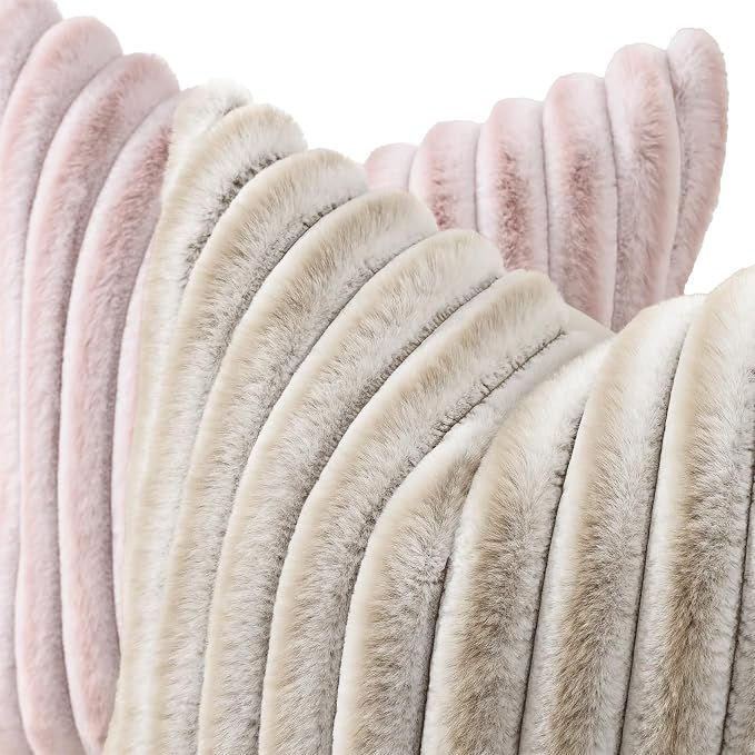 decorUhome Fall Faux Fur Throw Pillow Covers 26x26 Set of 2 Beige White | - Image 2