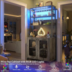 Aheaplus Bar Cabinet with Power Outlets, 67" Tall Wine Bar Cabinet Liquor Cabinet with LED Lights and Glass Holder, Coffee Bar Station for Living Room, Microwave Stand Bakers Rack Cabinet, Black Oak