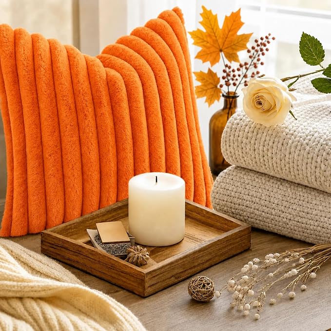 decorUhome Fall Faux Fur Throw Pillow Covers 22x22 Set of 2 Orange | Decorative - Image 9