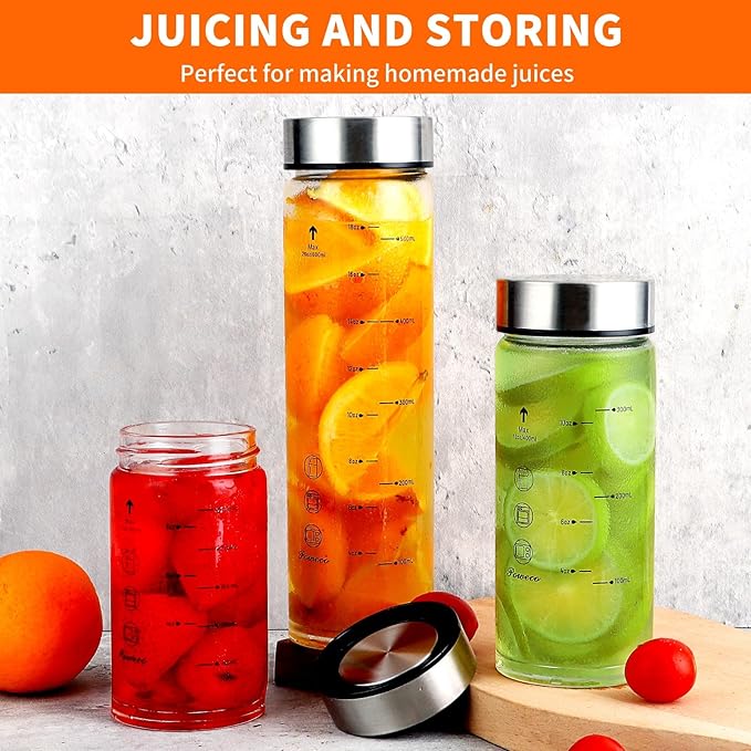 Glass Juice Bottles 4 Pack 10 oz - Wide Mouth Glass Water Bottles with Lids - for Juicing, Protein, Smoothie, Milk, Reusable, BPA Free, Stainless Steel Lids, Blender, Shaker Bottle [10oz/300ml]