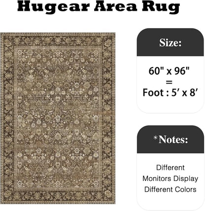 5x8 Brown Vintage Floral Washable Area Rug - Image 2