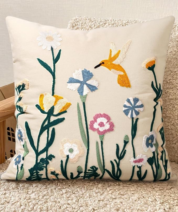 Embroidered Throw Pillow Cover 18x18 Inch, Flower Bird | Decorative Pillow Cover by Kokaaee