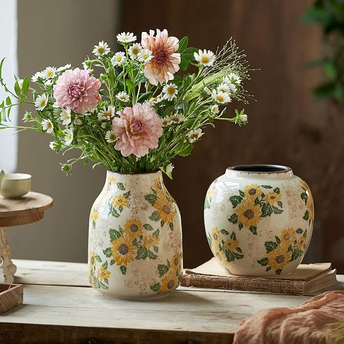 Vintage Ceramic Vase, 7.7 Inch Chinoiserie Sunflower Floral Vases, Rustic Farmhouse Antique Flower Vases for Home Decor Modern Aesthetic Tuscan Decorations (Conical)