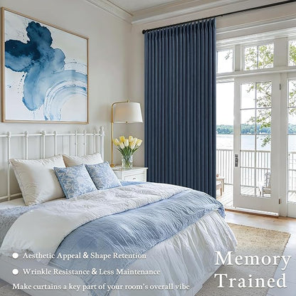 Navy Blue 108 Inch Pinch Pleated Blackout Linen Bedroom Curtains 2 Panels | - Image 5